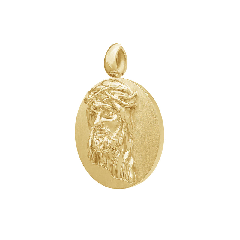 Glossy-Brushed Finish Textured Jesus Head Medallion Pendant (14K)