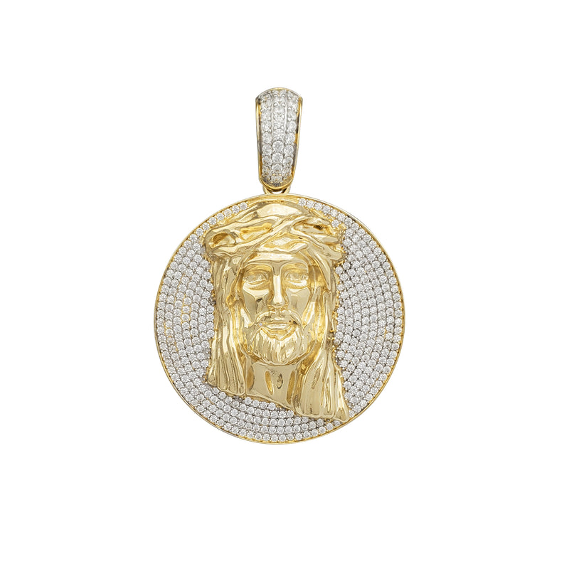 Zirconia Glossy-Brushed Finish Textured Jesus Head Medallion Pendant (14K)