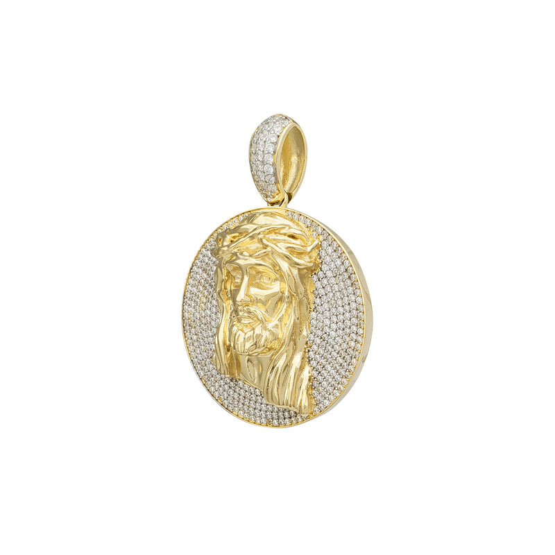 Zirconia Glossy-Brushed Finish Textured Jesus Head Medallion Pendant (14K)