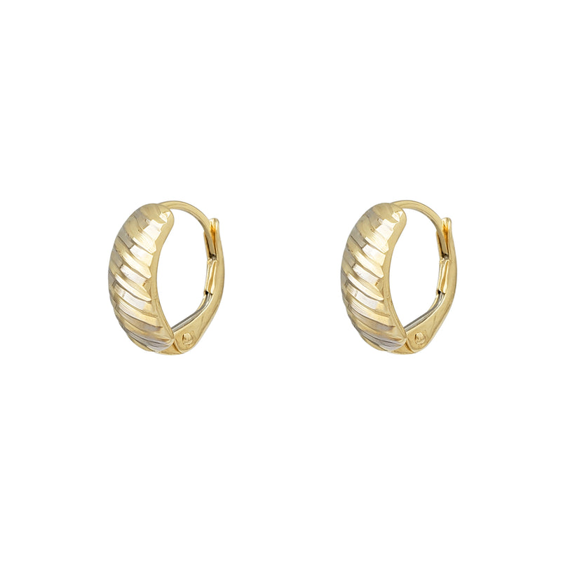 Glossy Two-Tone Ridged-cuts Huggie Earrings (14K)