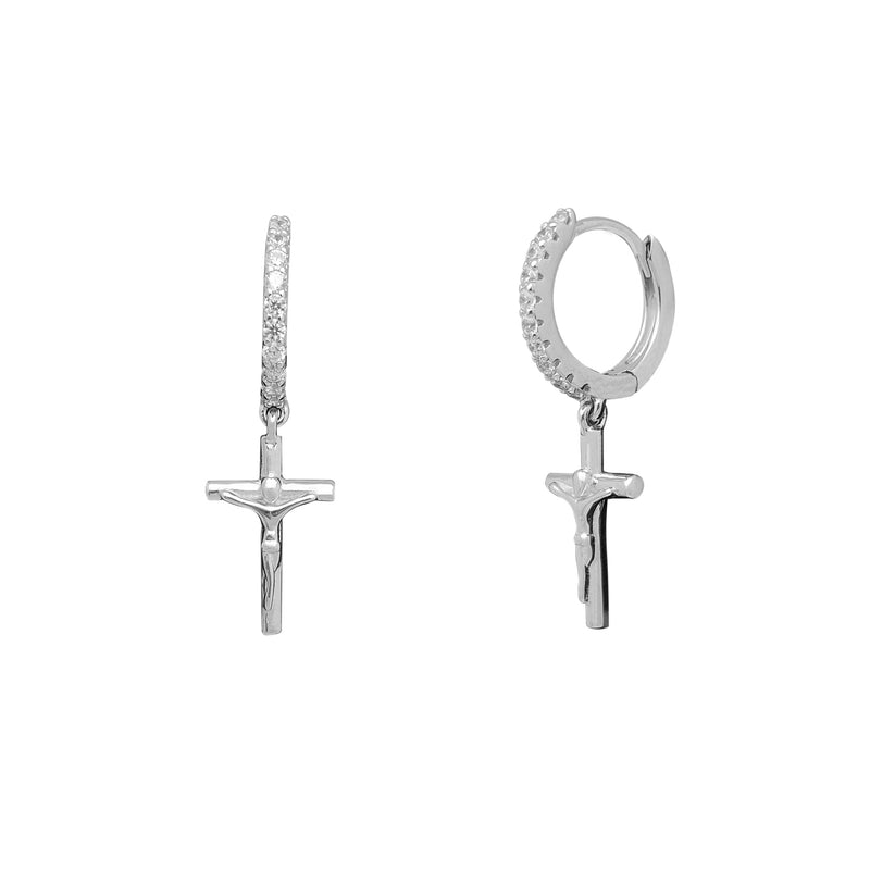 Zirconia Crucifix Dangling Huggie Earrings (Silver)