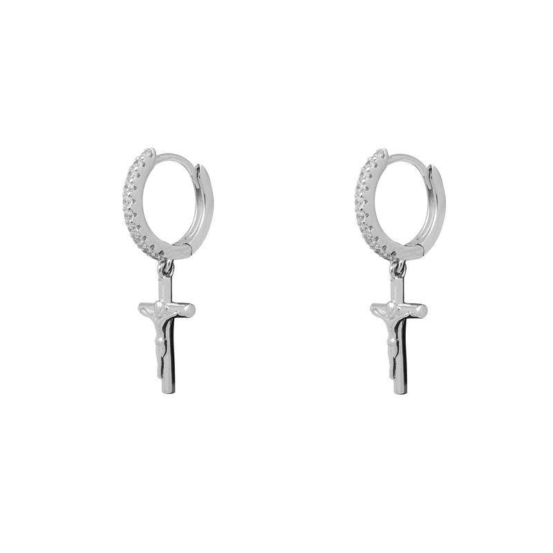 Zirconia Crucifix Dangling Huggie Earrings (Silver)