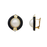 Black Onyx & Pearl Omega-Back Earrings (14K)