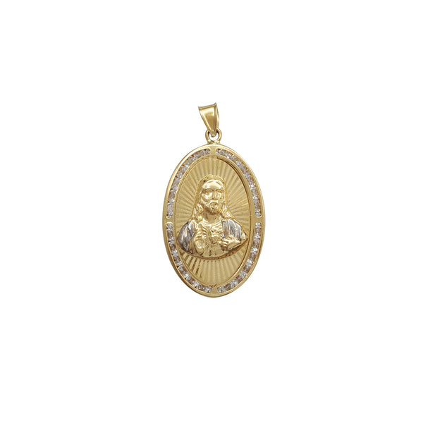 Zirconia Channel-Set Radiant Halo Sacred Jesus Oval Pendant (14K)