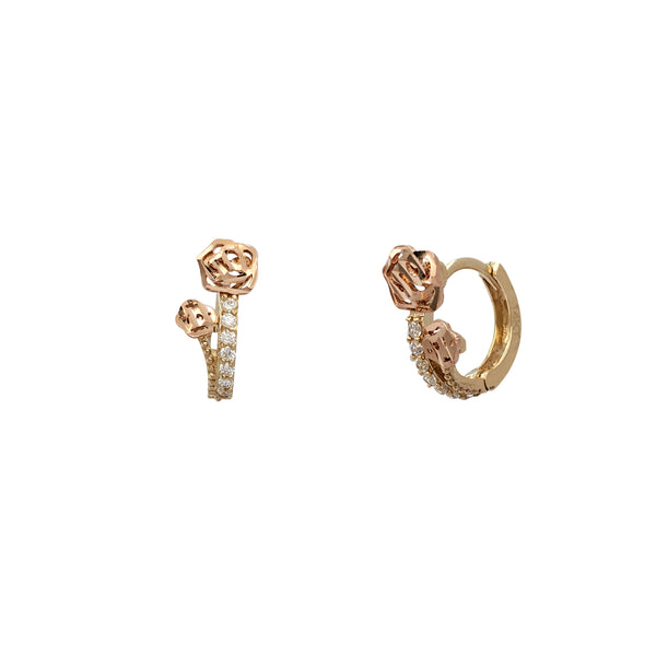 Zirconia Two-Tone Long Stem Rose Huggie Earrings (14K)