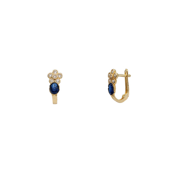 Blue Zirconia Milgrain Flower Huggies Earrings (14K)