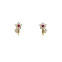 Red Zirconia Flower Huggie Earrings (14K)