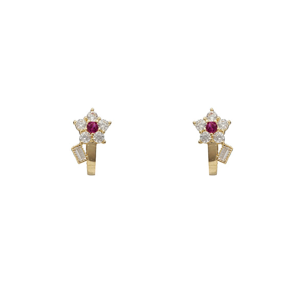 Red Zirconia Flower Huggie Earrings (14K)