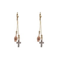 Tricolor Virgin Mary & Cross Dangling Earrings (14K)