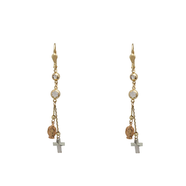 Zirconia Tricolor Virgin Mary & Cross Dangling Earrings (14K)