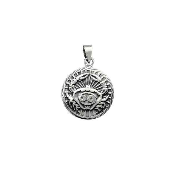 Antique Finish Cancer Zodiac Sign Round Pendant (Silver)