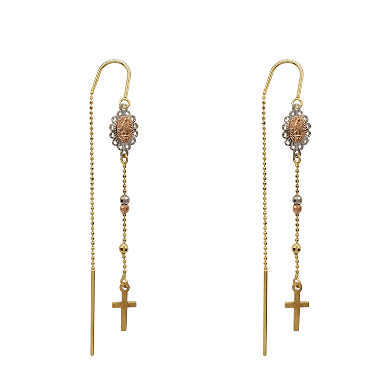 Tricolor Virgin Mary & Cross Ear Threads Dangling Drop Earrings (14K)