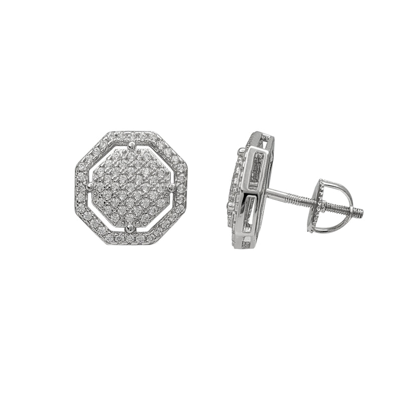 Zirconia Iced-Out Hexagon Stud Earrings (Silver)