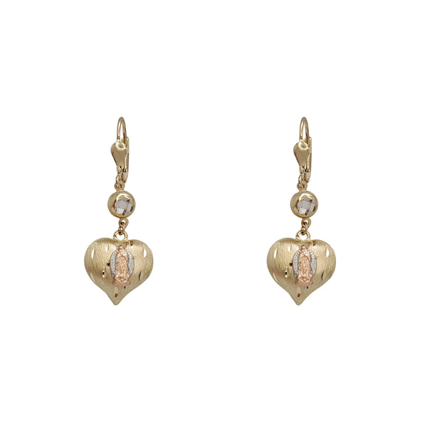 Tricolor Virgin Mary Heart Dangling Earrings (14K)