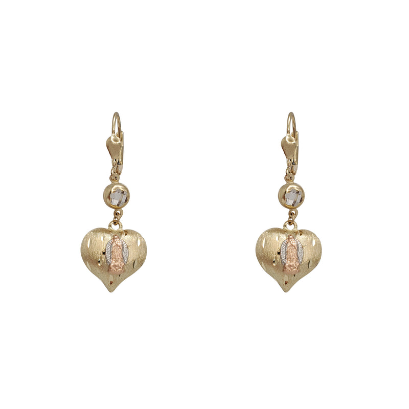 Tricolor Virgin Mary Heart Dangling Earrings (14K)