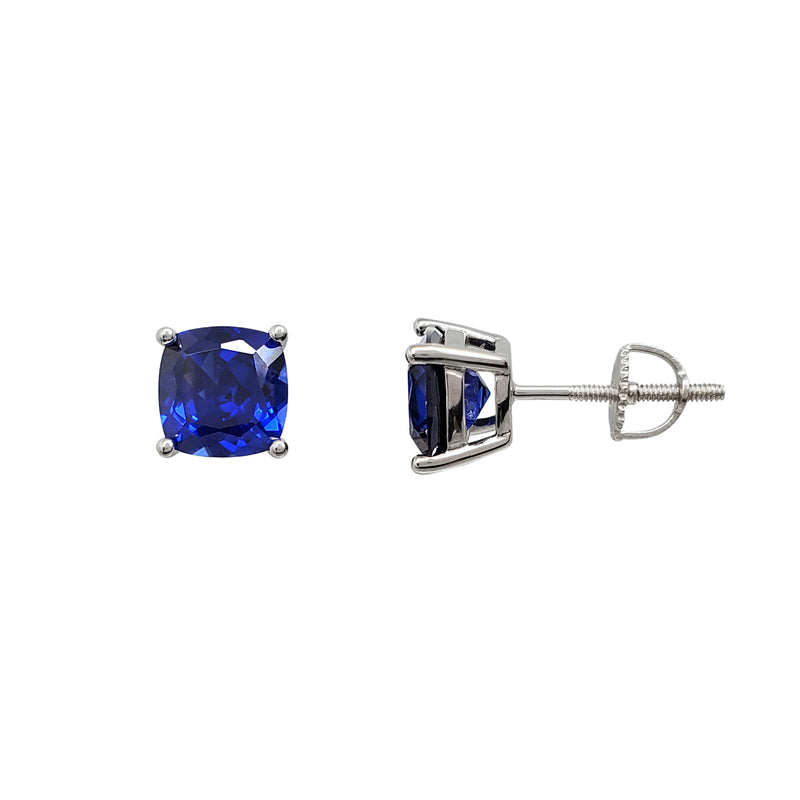 Blue Sapphire Cushion-Shape Solitaire Stud Earrings (Silver)