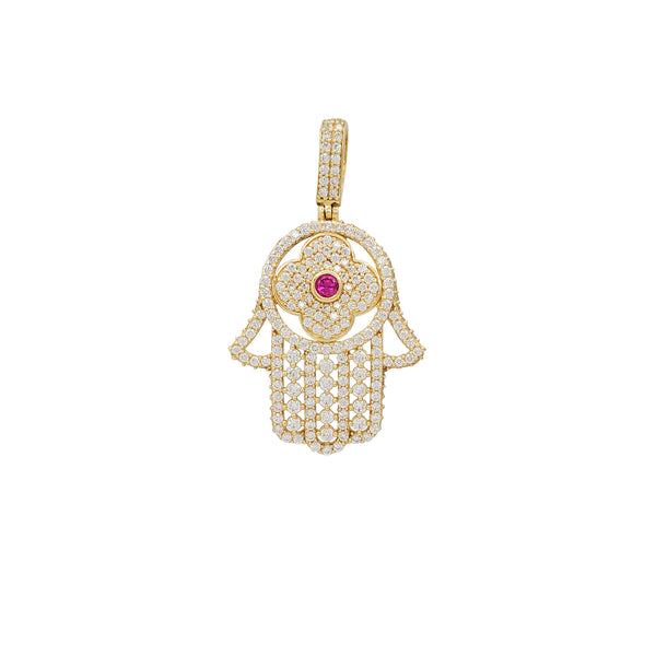 Iced-Out Red Eye Hamsa Hand Pendant (14K)