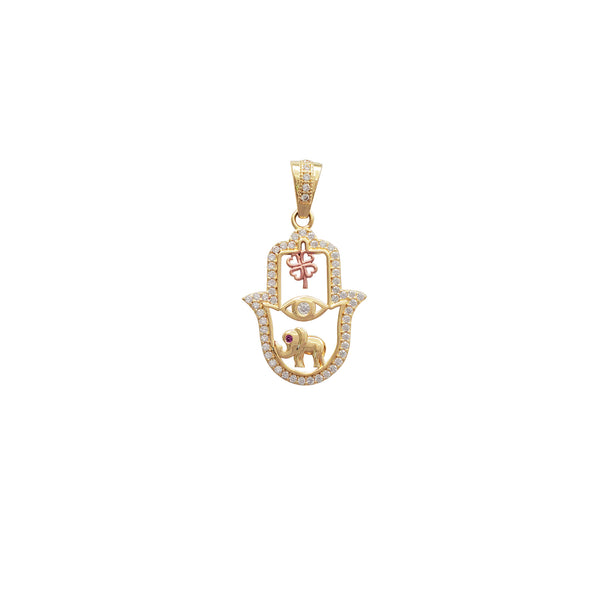 Pave Outlined Hamsa Hand w/ Lucky Charms Pendant (14K)