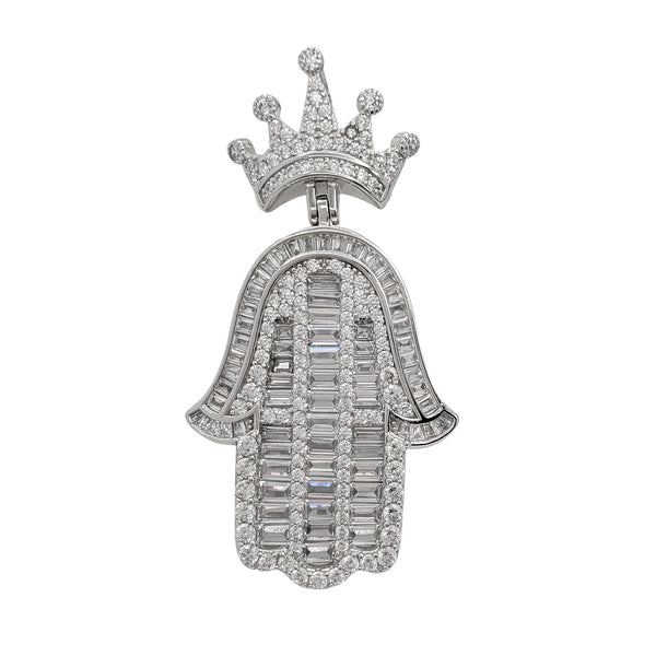 Stone-set Crown Bail Baguettes Hamsa Hand Pendant (Silver)