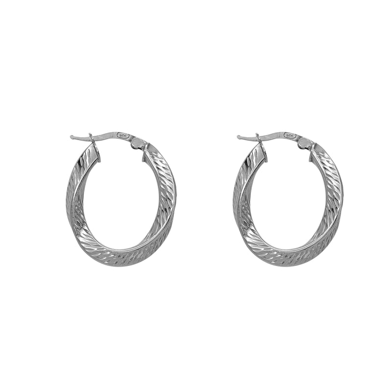 Twisted Diamond-cut Oval-Shape Hoop Earrings (Silver)