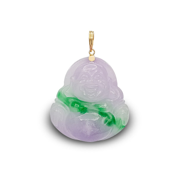 Purple-Green Laughing Buddha Jade Pendant (14K)