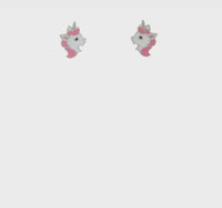 Enamel Pink Head Unicorn Stud Earrings (Silver)