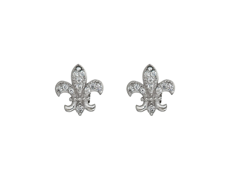 Pave Fleur De Lis Stud Earrings (Silver)