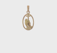 Golden Praying Hands with Cross Oval Pendant (14K) 360 - Popular Jewelry - New York