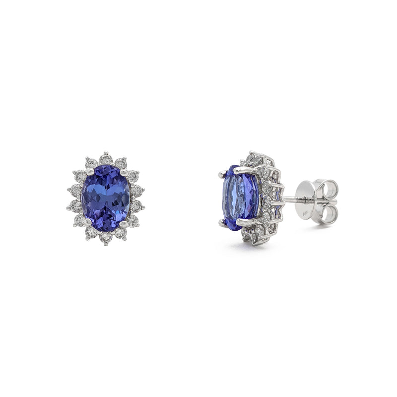 Oval-Cut Tanzanite and Diamond Halo Stud Earrings in 14K Yellow Gold (8x6mm)