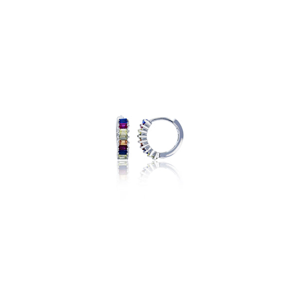 One-Row Multi Color Baguette Huggie Earring (Silver)