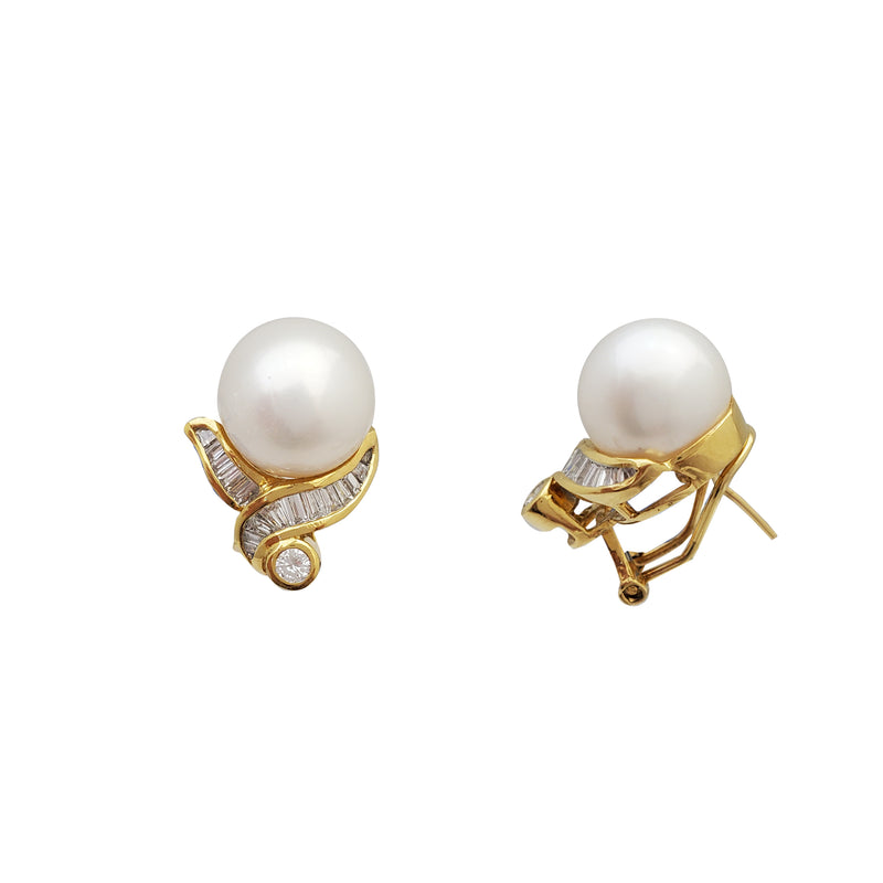 Baguette Diamond With South Sea Pearl Earrings (18K)