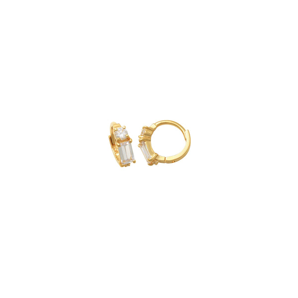 Yellow Gold Baguette and Round CZ Huggie Earrings (14K)