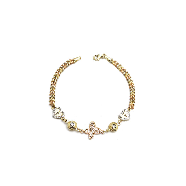 Butterfly Heart Lock Wheat Link CZ Bracelet (14K)