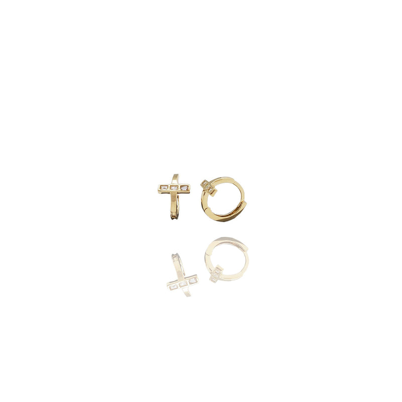 CZ Cross Huggie Earrings (14K)