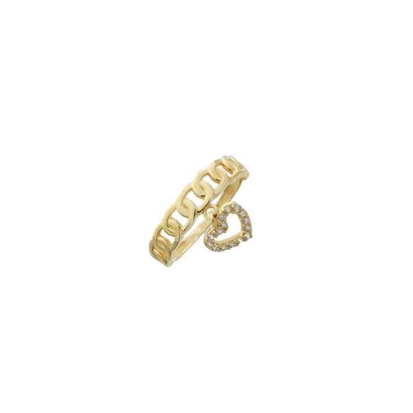 Thin Cuban Link with Dangling Heart Ring (14K)