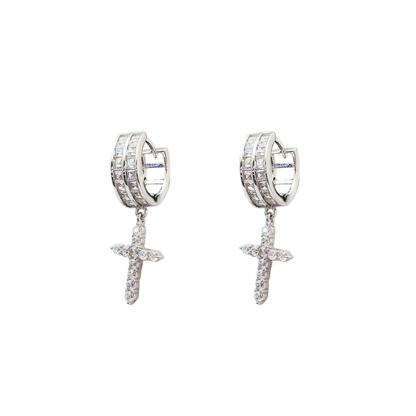 Cross Wide Huggie CZ Earrings (Silver)