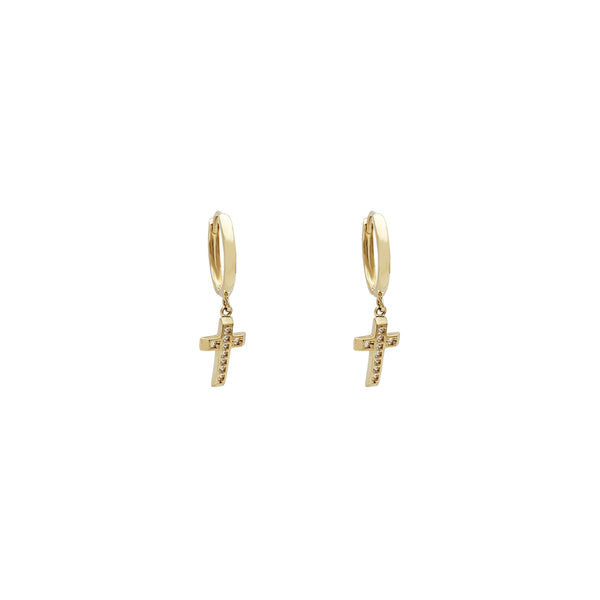 Dangling Cross CZ Huggie Earrings (14K)