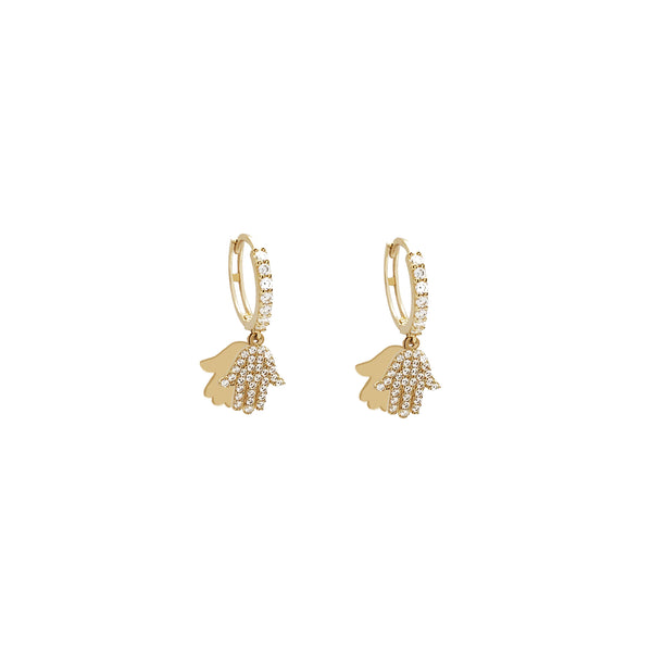 Dangling Double Hamsa Hand CZ Huggie Earrings (14K)