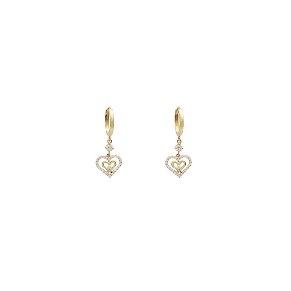 Dangling Double Heart CZ Huggie Earrings (14K)