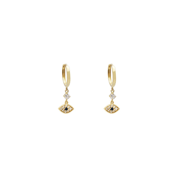 Dangling Evil Eye CZ Huggie Earrings (14K)