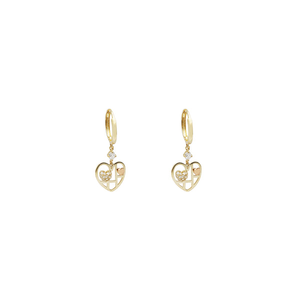 Dangling Heart Shelve CZ Huggie Earrings (14K)