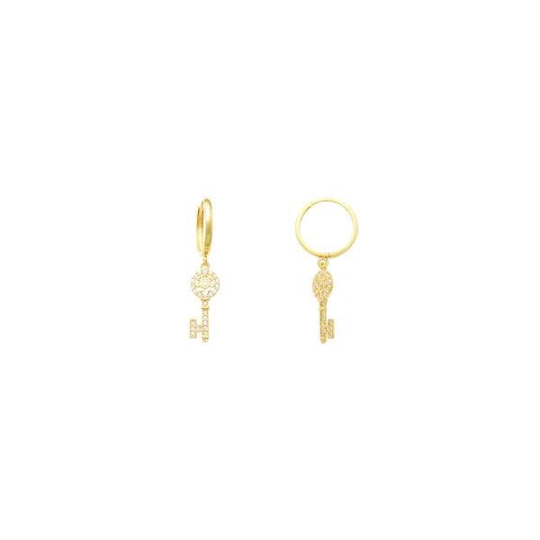 Dangling Key CZ Huggie Earrings (14K)