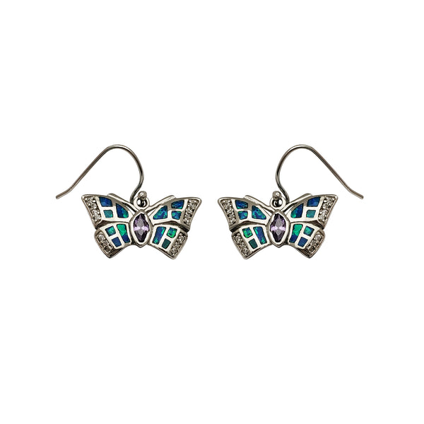 Dangling Opal Butterfly CZ Earrings (Silver)