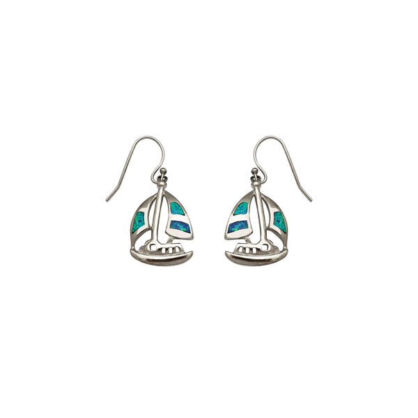 Dangling Opal Sailboat Earrings (Silver)