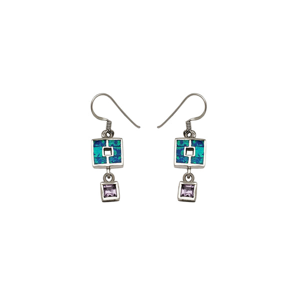 Dangling Opal Squares CZ Earrings (Silver)