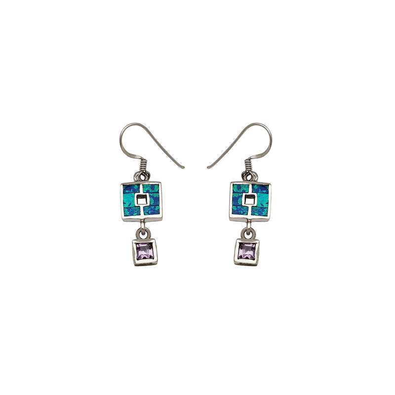 Dangling Opal Squares CZ Earrings (Silver)