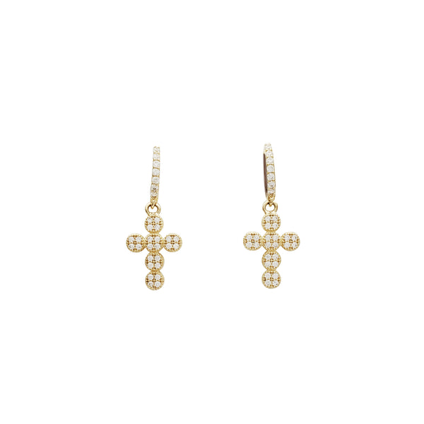 Dangling Round Cross CZ Huggie Earrings (14K)