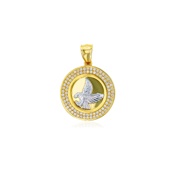 Yellow Gold Micropave Frame Eagle Circle Pendant (14K)