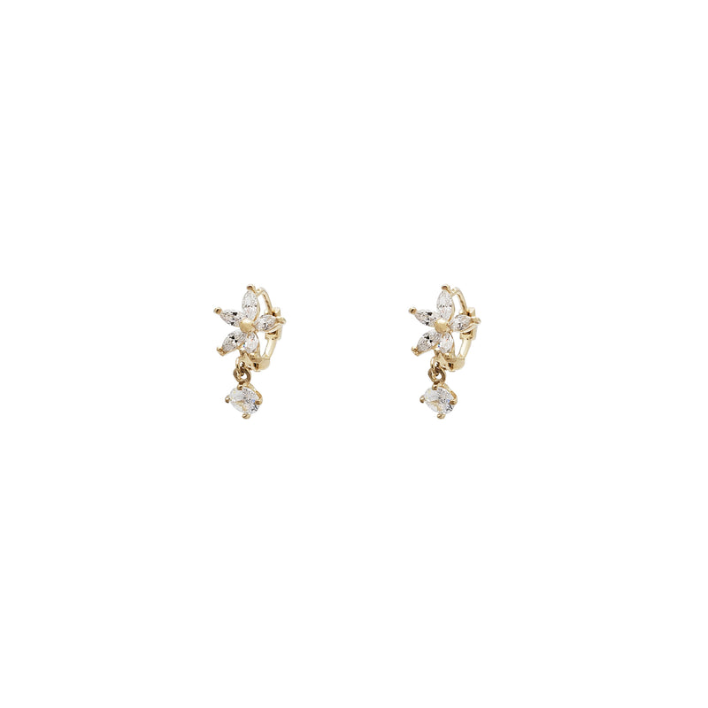 Flower Dangling Huggie CZ Earrings (14K)