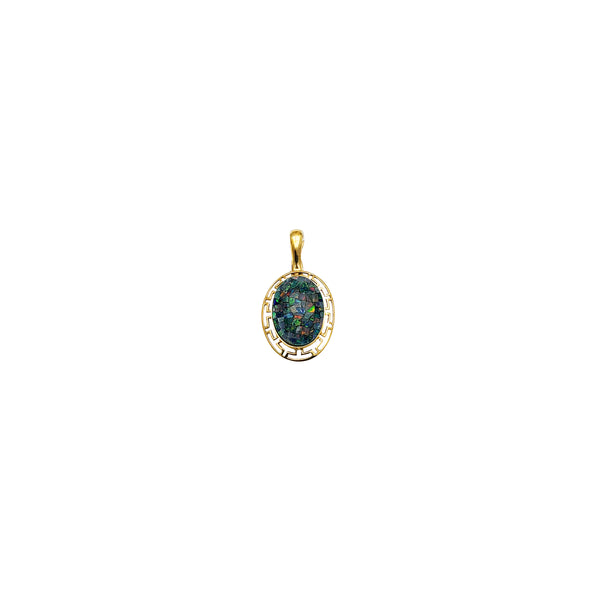 Oval Shape Blue Opal Greek Key Frame Pendant (14K)